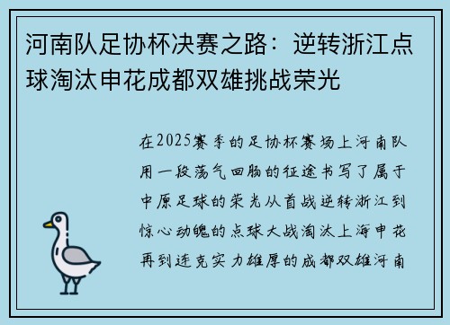 河南队足协杯决赛之路：逆转浙江点球淘汰申花成都双雄挑战荣光